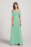 Alfa Bridal Mint Green Cold Shoulder Chiffon Long Flowy Bridesmaid Dresses (AF0078)
