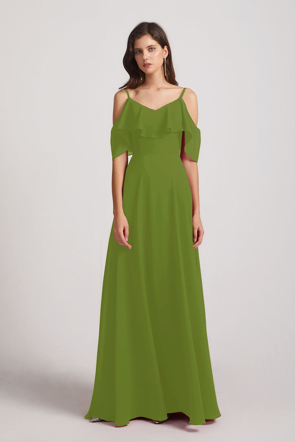 Alfa Bridal Olive Green Cold Shoulder Chiffon Long Flowy Bridesmaid Dresses (AF0078)