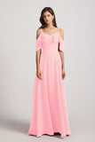 Alfa Bridal Pink Cold Shoulder Chiffon Long Flowy Bridesmaid Dresses (AF0078)