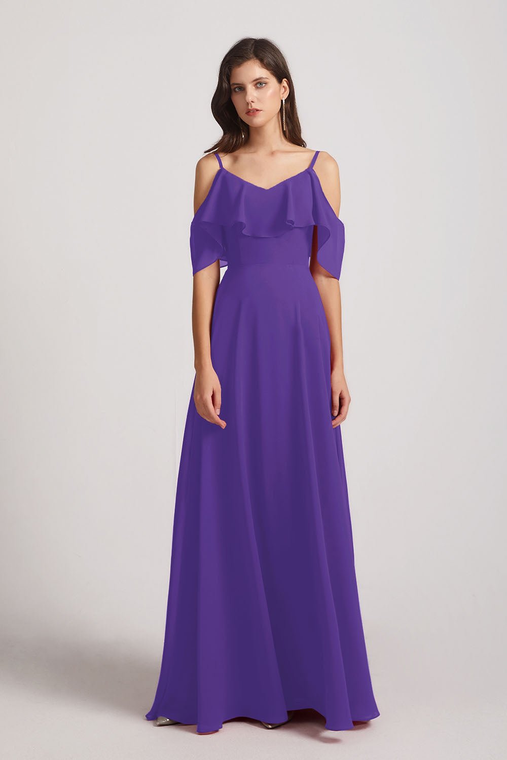 Alfa Bridal Purple Cold Shoulder Chiffon Long Flowy Bridesmaid Dresses (AF0078)