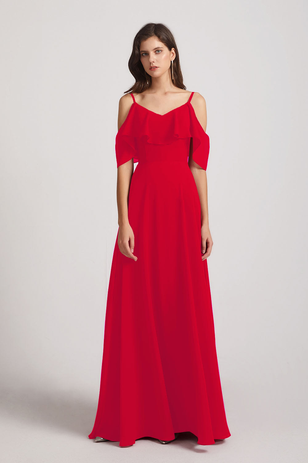 Alfa Bridal Red Cold Shoulder Chiffon Long Flowy Bridesmaid Dresses (AF0078)