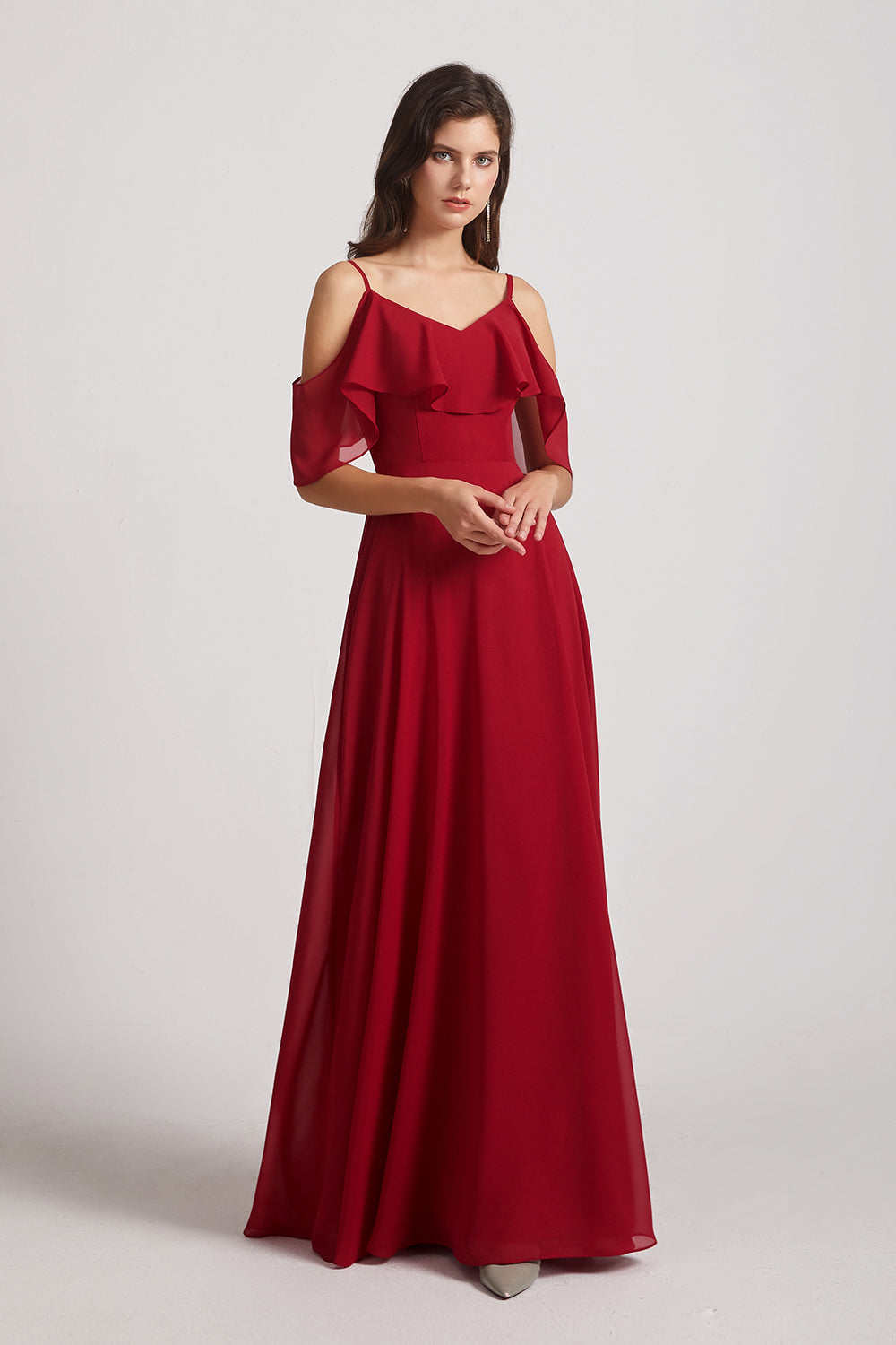 Alfa Bridal Dark Red Cold Shoulder Chiffon Long Flowy Bridesmaid Dresses (AF0078)