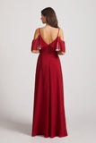 Alfa Bridal Dark Red Cold Shoulder Chiffon Long Flowy Bridesmaid Dresses (AF0078)