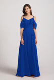 Alfa Bridal Royal Blue Cold Shoulder Chiffon Long Flowy Bridesmaid Dresses (AF0078)