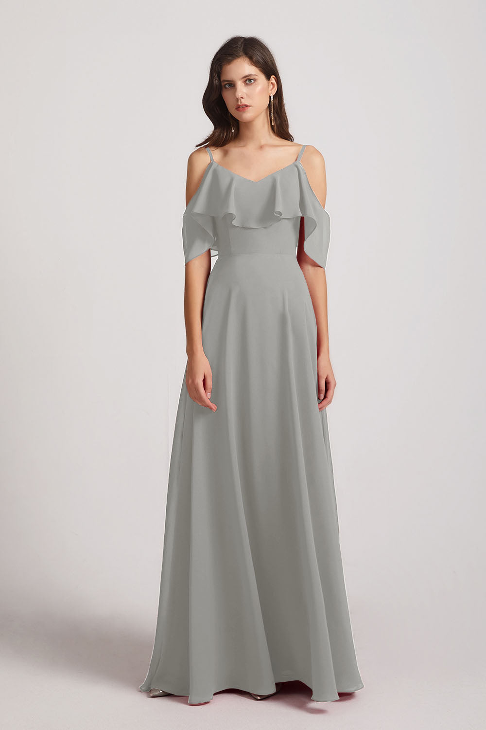 Alfa Bridal Silver Cold Shoulder Chiffon Long Flowy Bridesmaid Dresses (AF0078)