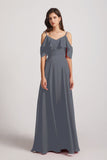 Alfa Bridal Slate Grey Cold Shoulder Chiffon Long Flowy Bridesmaid Dresses (AF0078)