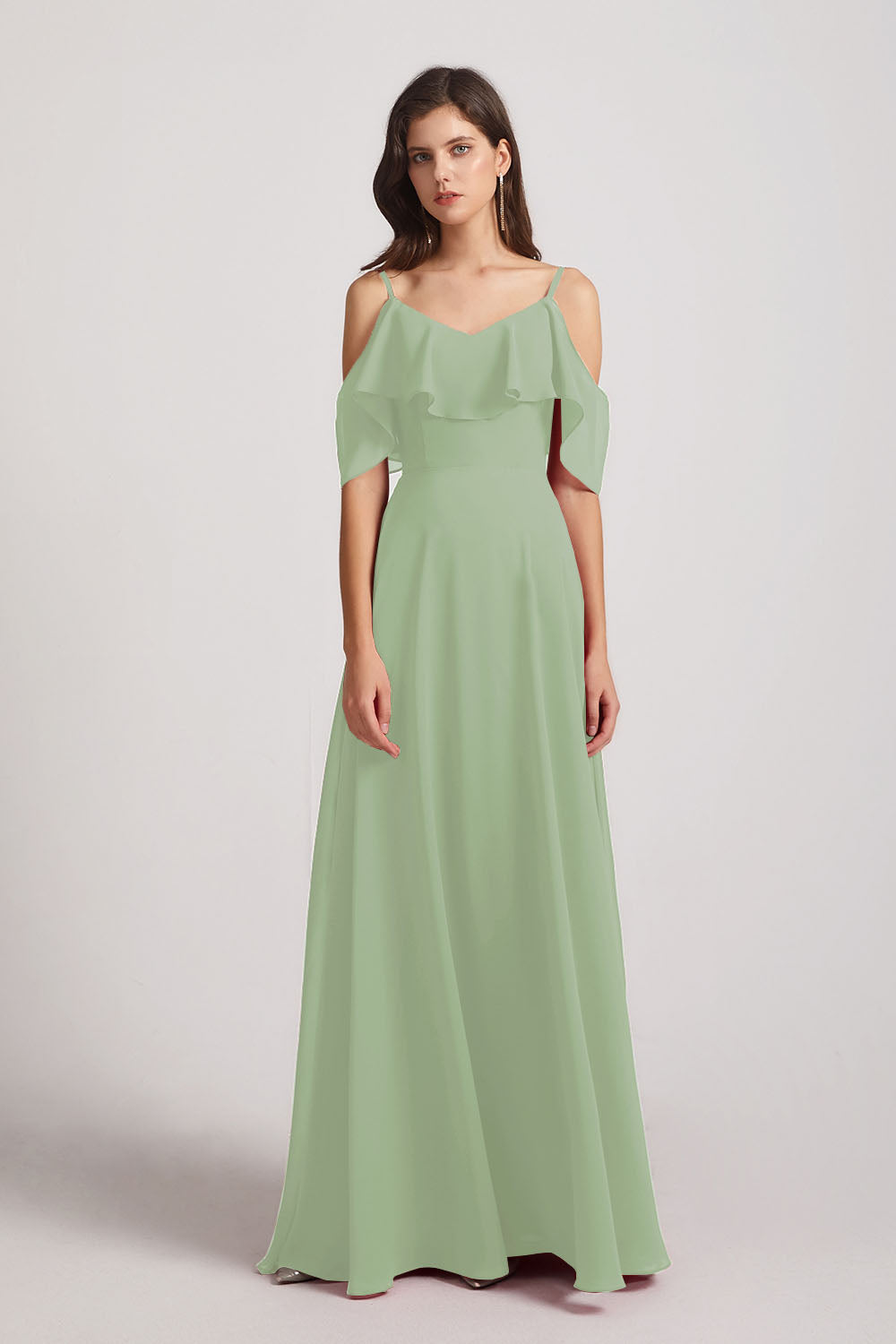 Alfa Bridal Smoke Green Cold Shoulder Chiffon Long Flowy Bridesmaid Dresses (AF0078)