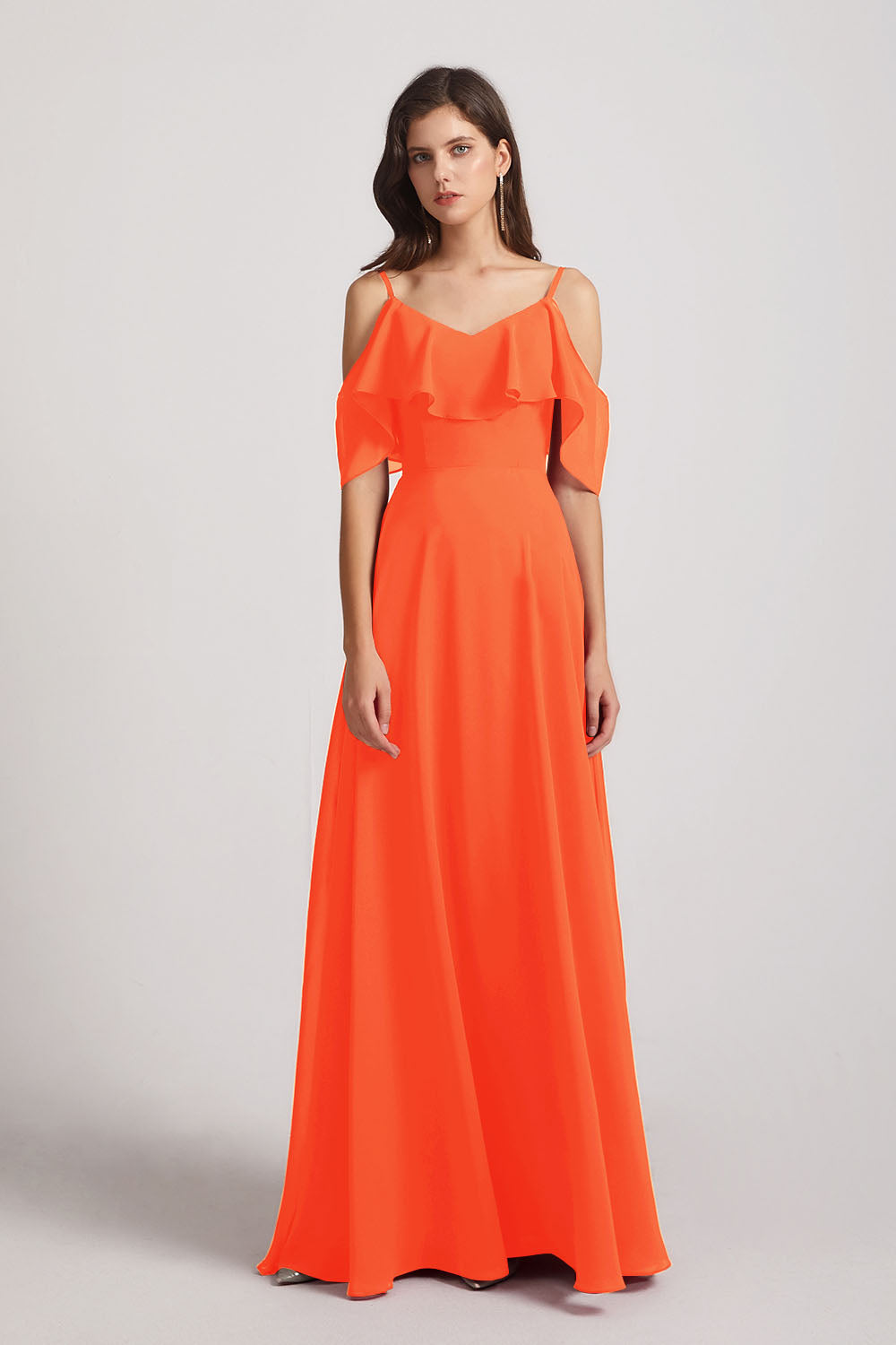 Alfa Bridal Tangerine Tango Cold Shoulder Chiffon Long Flowy Bridesmaid Dresses (AF0078)