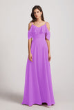 Alfa Bridal Violet Cold Shoulder Chiffon Long Flowy Bridesmaid Dresses (AF0078)