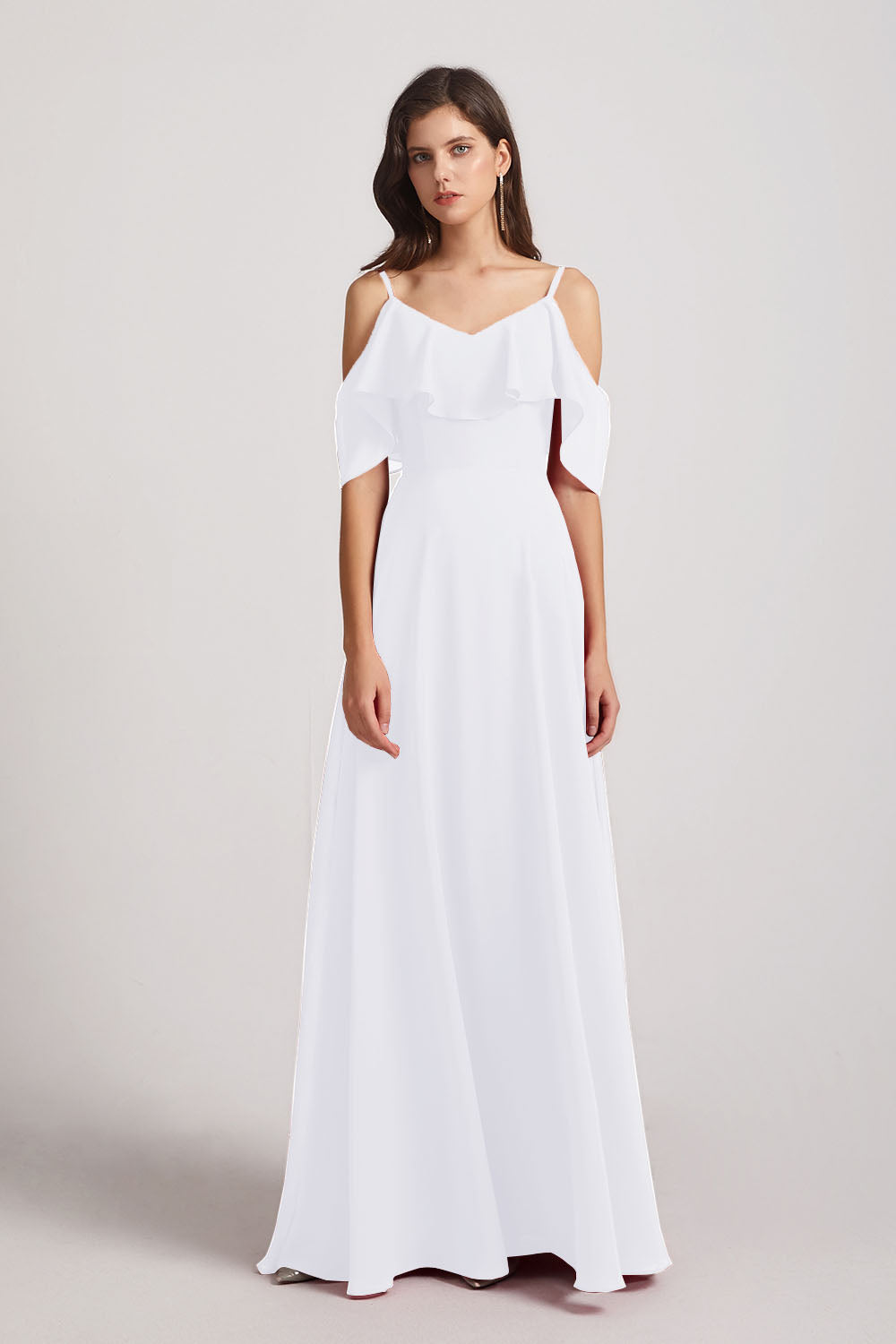 Alfa Bridal White Cold Shoulder Chiffon Long Flowy Bridesmaid Dresses (AF0078)