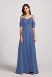 Alfa Bridal Windsor Blue Cold Shoulder Chiffon Long Flowy Bridesmaid Dresses (AF0078)