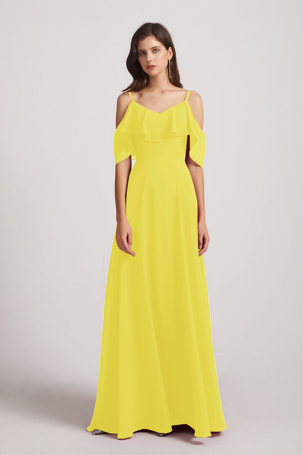 Alfa Bridal Yellow Cold Shoulder Chiffon Long Flowy Bridesmaid Dresses (AF0078)