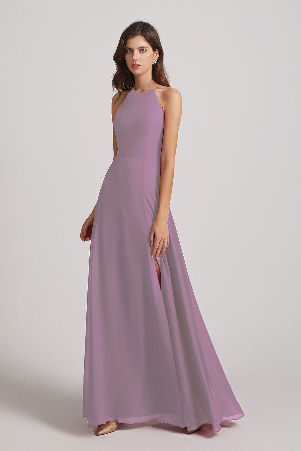 Alfa Bridal Dark Lavender Halter Chiffon Maxi Dresses with Side Slit (AF0102)