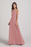 Alfa Bridal Dusty Pink Halter Chiffon Maxi Dresses with Side Slit (AF0102)
