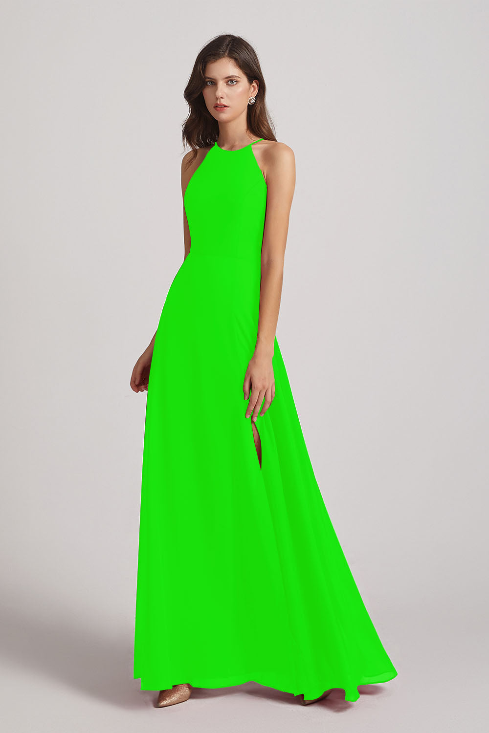 Alfa Bridal Lime Green Halter Chiffon Maxi Dresses with Side Slit (AF0102)