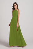 Alfa Bridal Olive Green Halter Chiffon Maxi Dresses with Side Slit (AF0102)