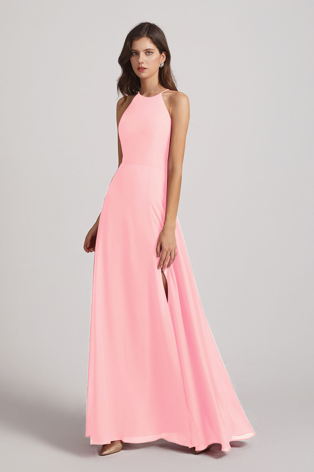 Alfa Bridal Pink Halter Chiffon Maxi Dresses with Side Slit (AF0102)