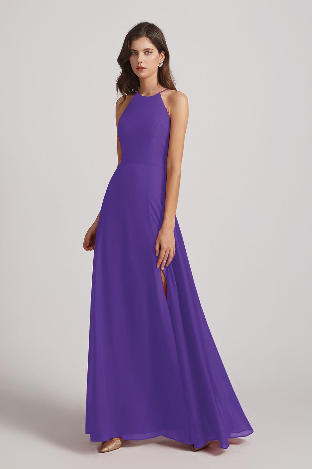 Alfa Bridal Purple Halter Chiffon Maxi Dresses with Side Slit (AF0102)
