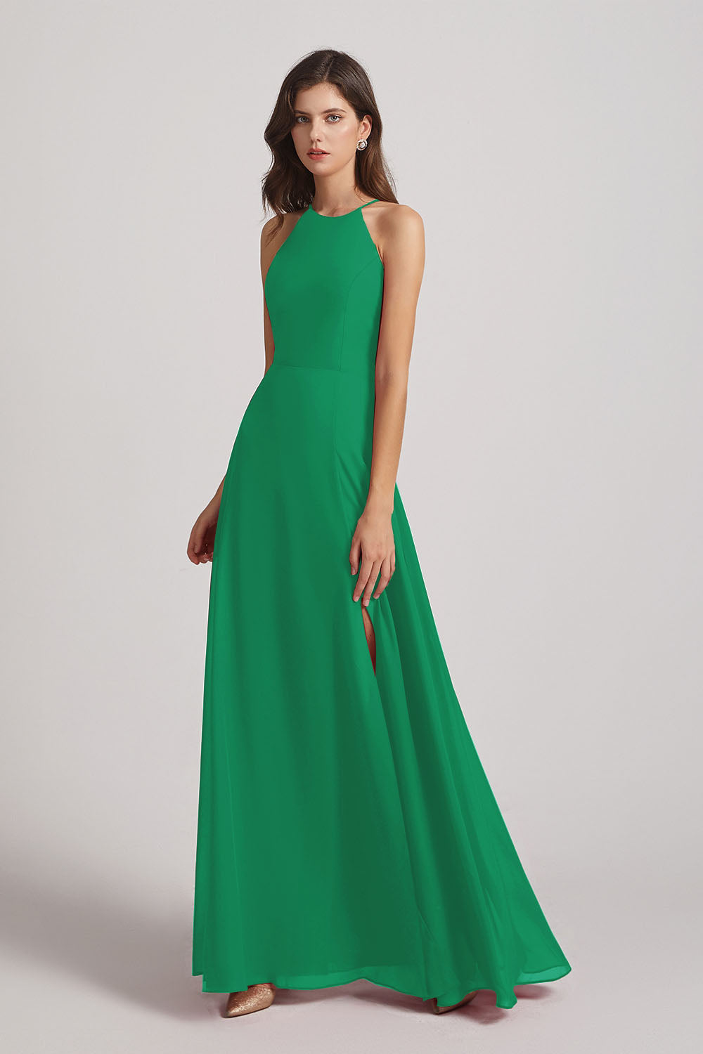 Alfa Bridal Shamrock Green Halter Chiffon Maxi Dresses with Side Slit (AF0102)