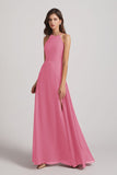 Alfa Bridal Skin Pink Halter Chiffon Maxi Dresses with Side Slit (AF0102)