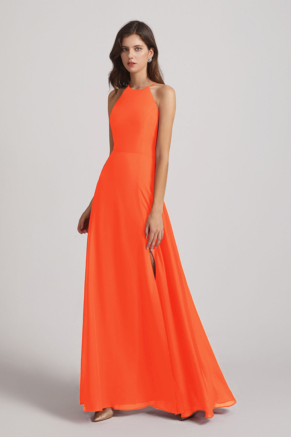 Alfa Bridal Tangerine Tango Halter Chiffon Maxi Dresses with Side Slit (AF0102)