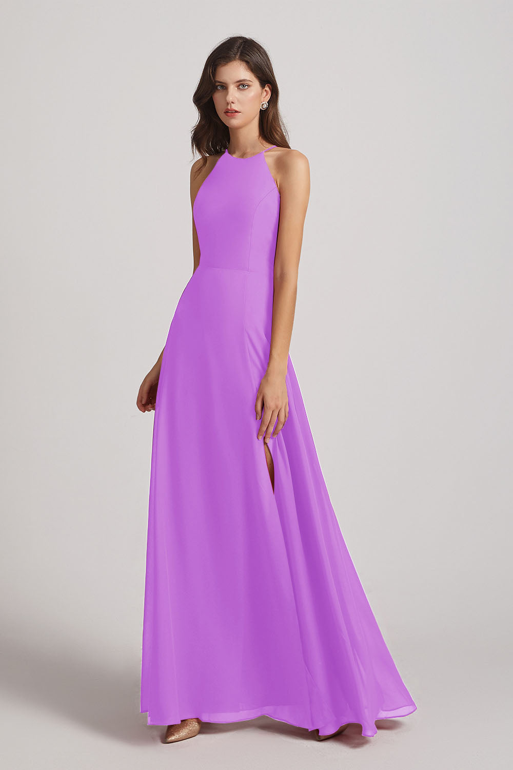 Alfa Bridal Violet Halter Chiffon Maxi Dresses with Side Slit (AF0102)