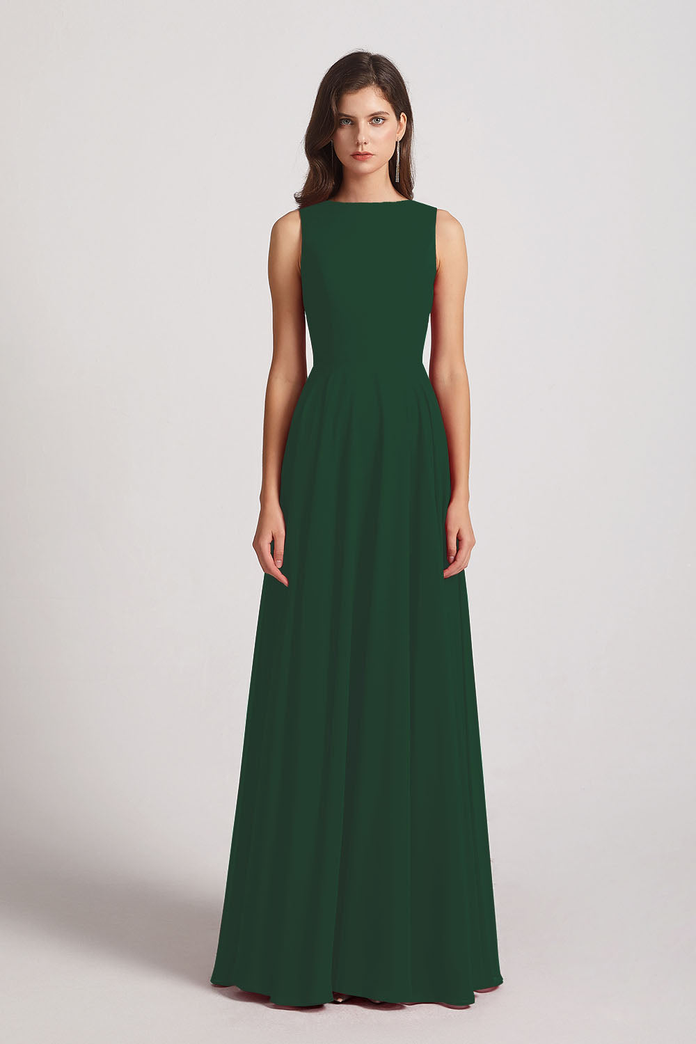 Alfa Bridal Dark Green Jewel A-line Chiffon Open Back Bridesmaid Dresses (AF0048)