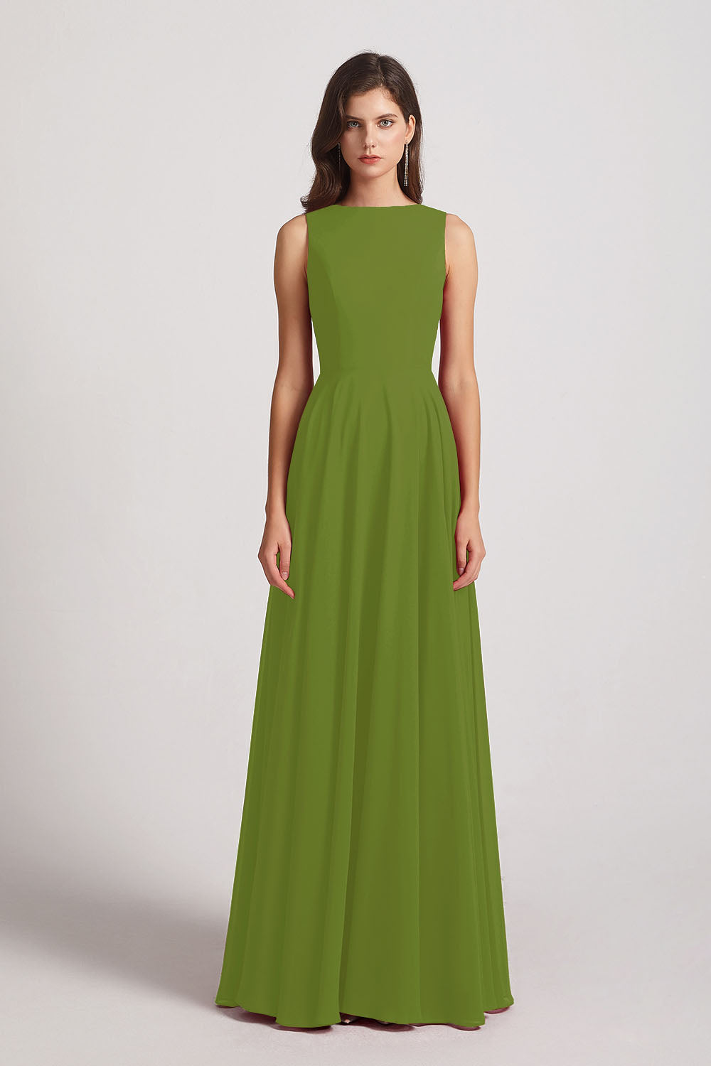 Alfa Bridal Olive Green Jewel A-line Chiffon Open Back Bridesmaid Dresses (AF0048)