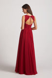 Alfa Bridal Dark Red Jewel A-line Chiffon Open Back Bridesmaid Dresses (AF0048)