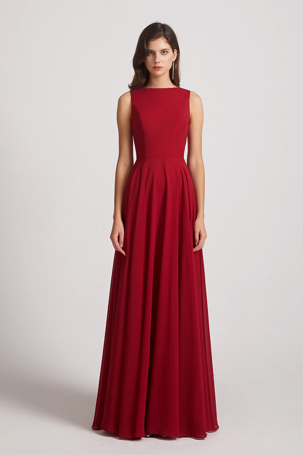 Alfa Bridal Dark Red Jewel A-line Chiffon Open Back Bridesmaid Dresses (AF0048)