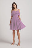 Alfa Bridal Dark Lavender Knee Length Cold Shoulder Flounce Chiffon Bridesmaid Dresses (AF0079)