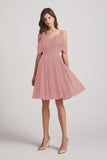 Alfa Bridal Dusty Pink Knee Length Cold Shoulder Flounce Chiffon Bridesmaid Dresses (AF0079)