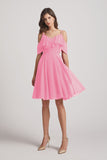 Alfa Bridal Hot Pink Knee Length Cold Shoulder Flounce Chiffon Bridesmaid Dresses (AF0079)
