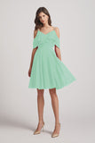 Alfa Bridal Mint Green Knee Length Cold Shoulder Flounce Chiffon Bridesmaid Dresses (AF0079)