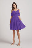Alfa Bridal Purple Knee Length Cold Shoulder Flounce Chiffon Bridesmaid Dresses (AF0079)