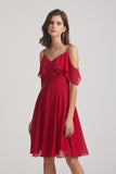 Alfa Bridal Dark Red Knee Length Cold Shoulder Flounce Chiffon Bridesmaid Dresses (AF0079)
