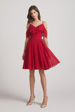 Alfa Bridal Dark Red Knee Length Cold Shoulder Flounce Chiffon Bridesmaid Dresses (AF0079)