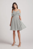 Alfa Bridal Silver Knee Length Cold Shoulder Flounce Chiffon Bridesmaid Dresses (AF0079)