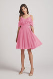 Alfa Bridal Skin Pink Knee Length Cold Shoulder Flounce Chiffon Bridesmaid Dresses (AF0079)