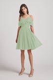 Alfa Bridal Smoke Green Knee Length Cold Shoulder Flounce Chiffon Bridesmaid Dresses (AF0079)