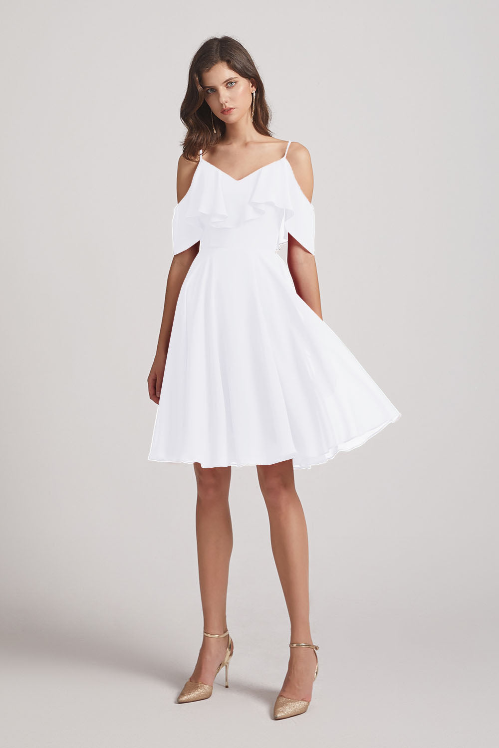 Alfa Bridal White Knee Length Cold Shoulder Flounce Chiffon Bridesmaid Dresses (AF0079)