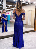 Royal Blue Sheath Cold Shoulder Sleeveless Long Floor Length Velvet Sequin Prom Dress (AF1049)
