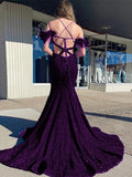 Plum Purple Sheath Cold Shoulder Sleeveless Long Court Train Velvet Sequin Prom Dress (AF1081)