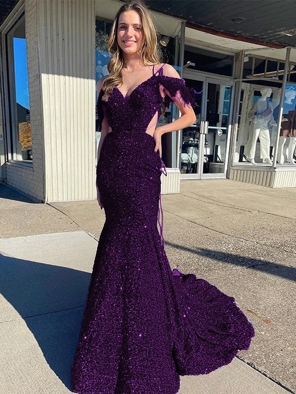 Plum Purple Sheath Cold Shoulder Sleeveless Long Court Train Velvet Sequin Prom Dress (AF1081)