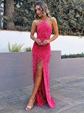 Fuchsia Sheath Halter Sleeveless Long Floor Length Velvet Sequin Prom Dress (AF1014)