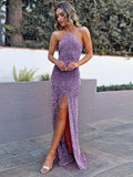 Purple Sheath Halter Sleeveless Long Floor Length Velvet Sequin Prom Dress (AF1014)