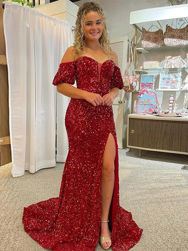 Red Sheath Off the Shoulder Short Sleeves Long Court Train Velvet Sequin Prom Dress (AF1053)
