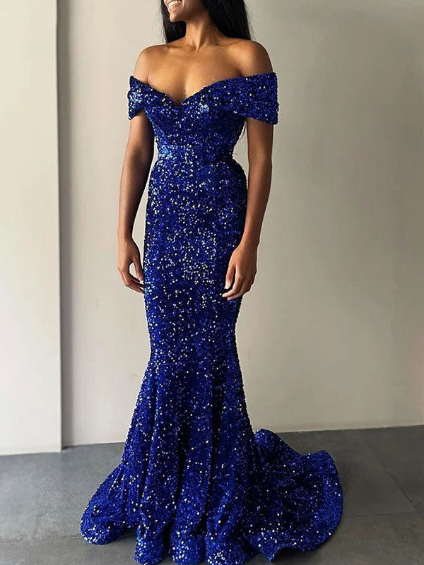 Royal Blue Mermaid Off the Shoulder Sleeveless Long Sweep Train Velvet Sequin Prom Dress (AF1076)