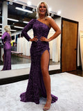 Plum Purple Sheath One Shoulder Long Sleeves Long Sweep Train Velvet Sequin Prom Dress (AF1002)
