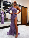 Purple Sheath One Shoulder Long Sleeves Long Sweep Train Velvet Sequin Prom Dress (AF1002)